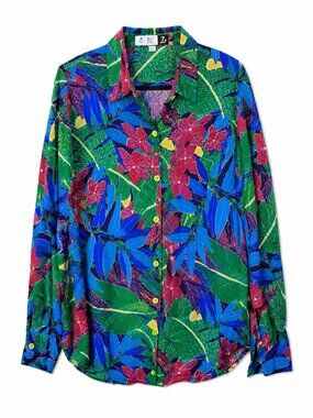Vintage Club Z Tropical Print Button-Down Blouse, Size 3XL